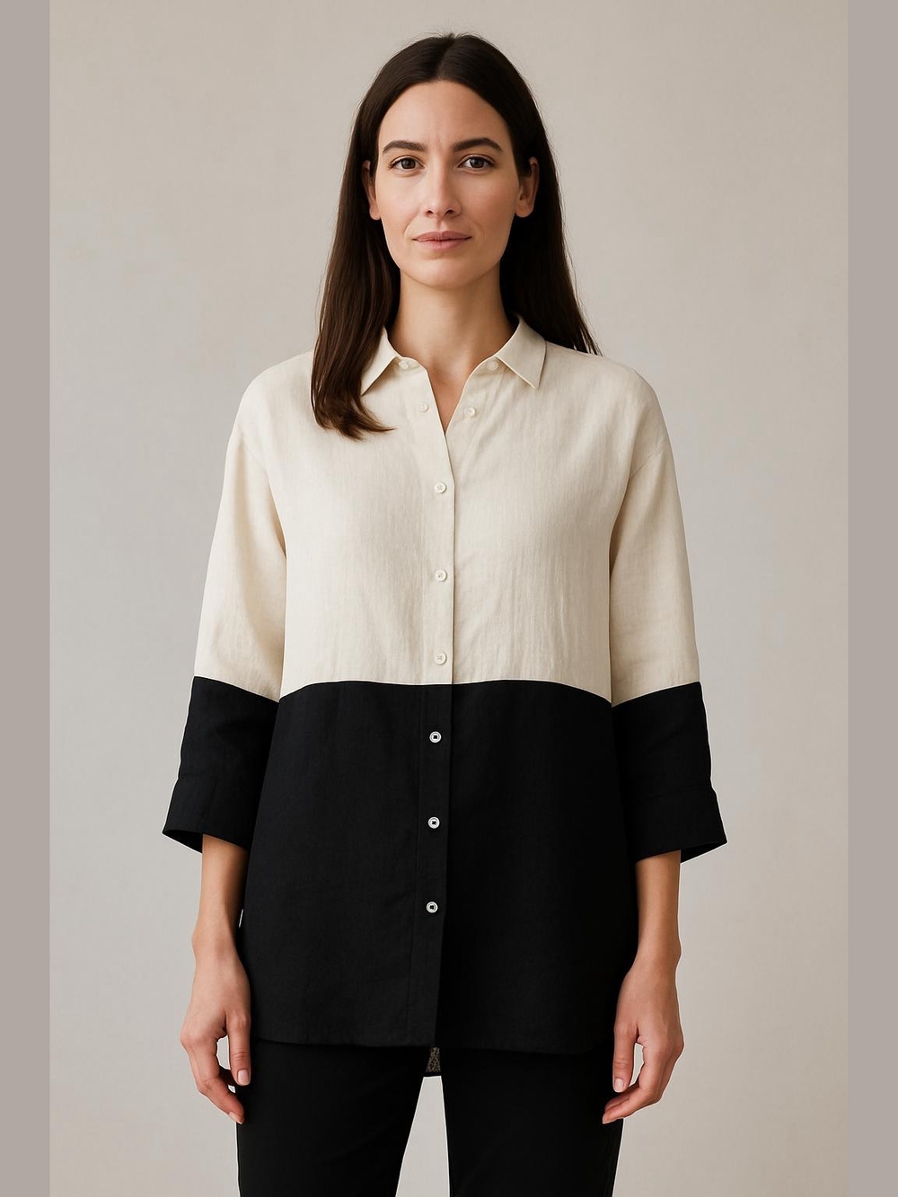 Two-Tone Cream and Black Linen Button-Front Blouse